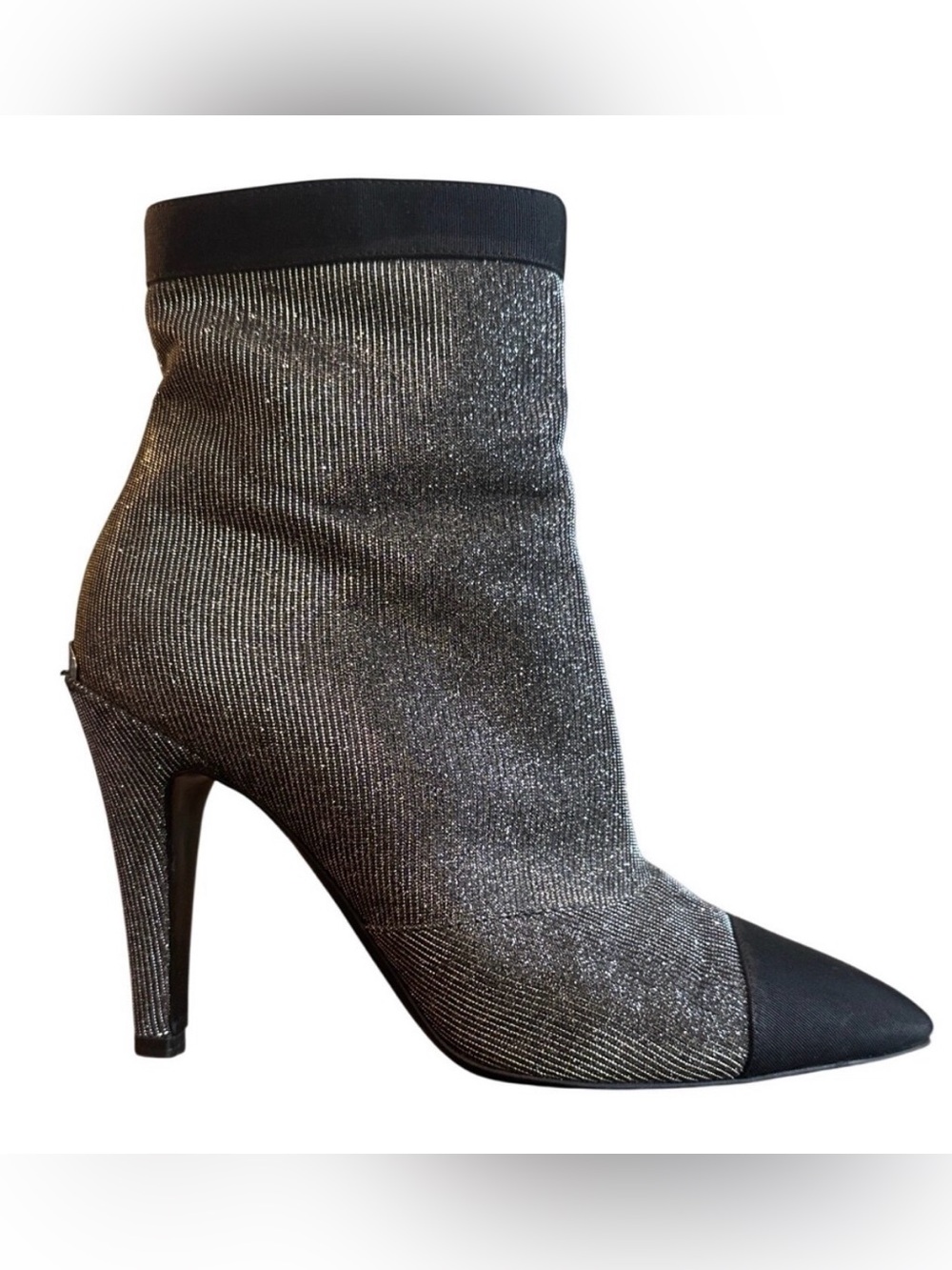 Chanel G33115 Metallic Lurex Sock Booties Satin Cap Toe Silver Black 38